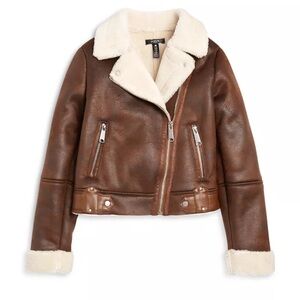 Bloomingdale's Brown Faux Shearling Jacket Moto Bomber Aqua
